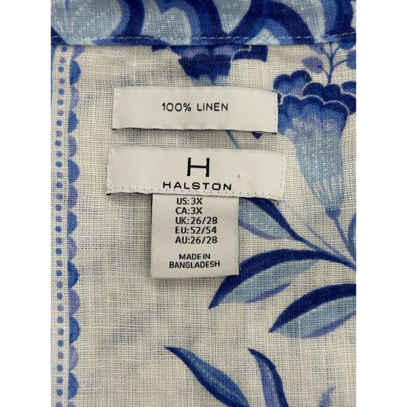 Halston Floral Linen Button-Up Top Blue White Tunic Shirt Womens Size 3X - Picture 3 of 6